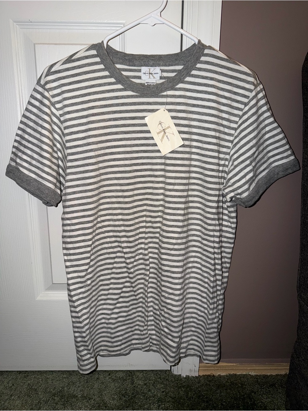 Calvin Klein Gray & White Striped Short-Sleeve Crewneck Tee